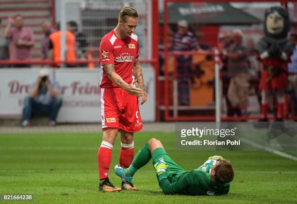 Sebastian Polter of 1.FC Union Berlin and Alex Smithies of the Queens Park Rangers during the game between Union Berlin and the Queens Park Rangers...