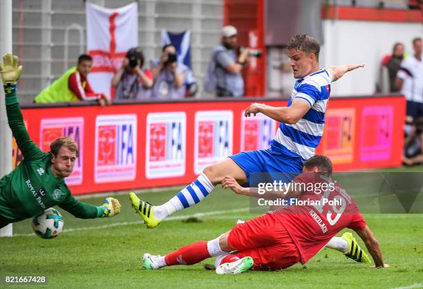 Damir Kreilach of 1 FC Union Berlin shoots the goal to 1:0 during the game between Union Berlin and the Queens Park Rangers on july 24, 2017 in...