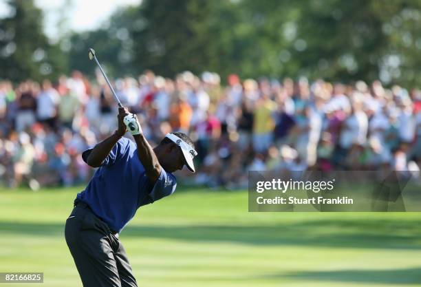 Vijay Singh of Fiji plays his approach shot on the 17th hole during final round of the World Golf Championship Bridgestone Invitational on August 3,...