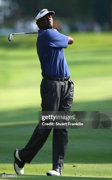 Vijay Singh of Fiji plays his approach shot on the 18th hole during final round of the World Golf Championship Bridgestone Invitational on August 3,...