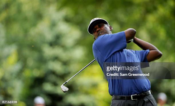 Vijay Singh of Fiji hits during the final round of the WGC-Bridgestone Invitational at Firestone Country Club South Course on August 3, 2008 in...