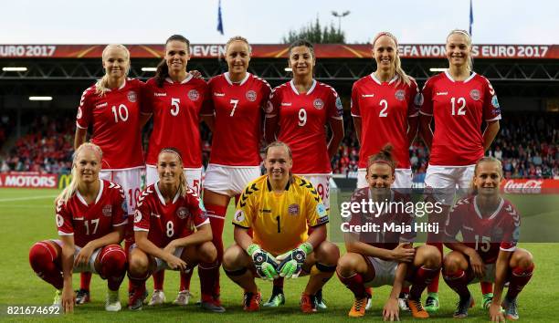 The team of Denmark line up before the Group A match between Norway and Denmark during the UEFA Women's Euro 2017 at Stadion De Adelaarshorst on July...