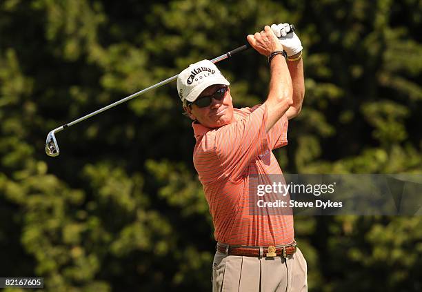 Mark McNulty tees off on the 2nd hole during the final round of US Senior Open Championship at the Broadmoor on August 3, 2008 in Colorado Springs,...