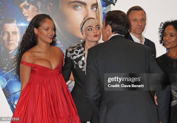 Rihanna, Cara Delevingne, Clive Owen, Zygi Kamasa and producer Virginie Besson-Silla attend the European Premiere of "Valerian And The City Of A...