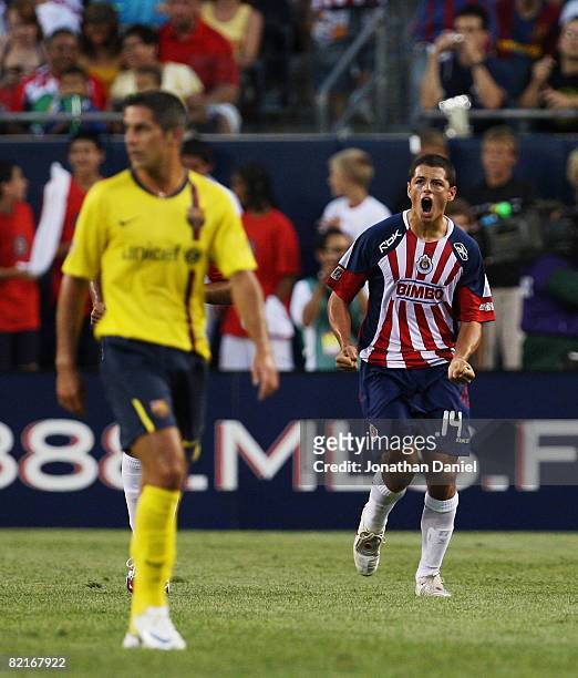 Javier Hernandez of CD Guadalajara celebrates a goal against FC Barcelona during a international friendly match on August 3, 2008 at Soldier Field in...