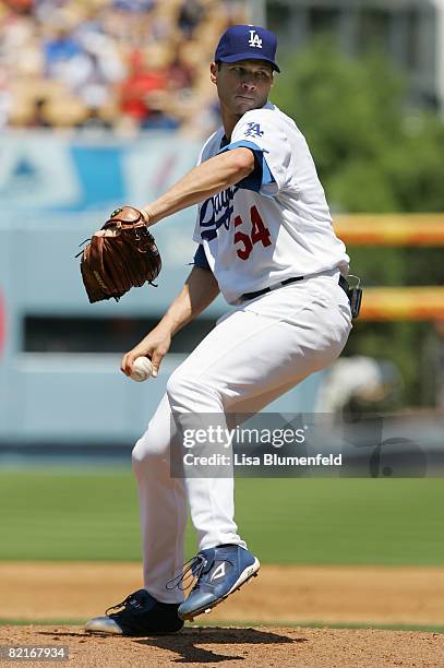 Jason Johnson of the Los Angeles Dodgers pitches against the Arizona Diamondbacks at Dodger Stadium on August 3, 2008 in Los Angeles, California.