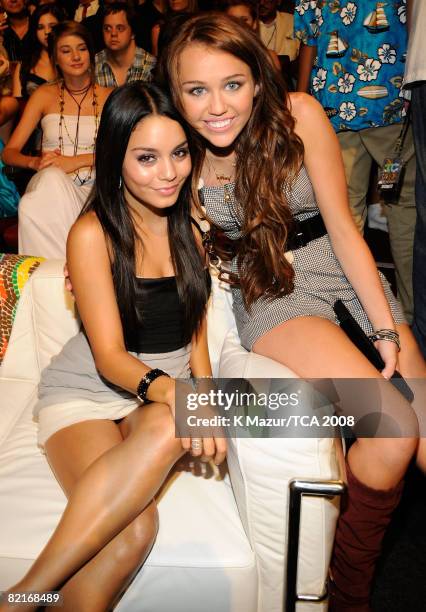 Actresses Vanessa Anne Hudgens and host Miley Cyrus during the 2008 Teen Choice Awards at Gibson Amphitheater on August 3, 2008 in Los Angeles,...