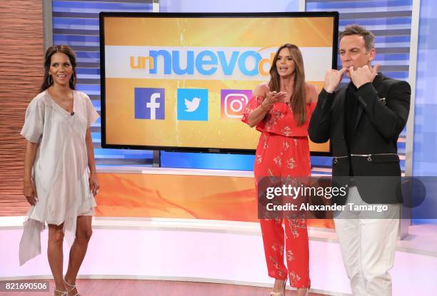 Halle Berry, Rashel Diaz and Carlos Ponce are seen at Telemundo Studios to promote the film 'Kidnap' on July 24, 2017 in Miami, Florida.