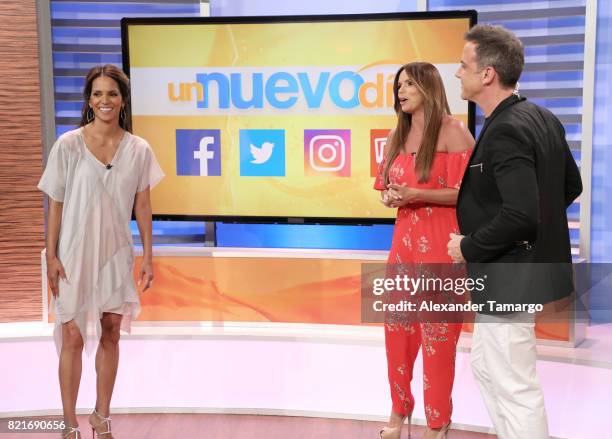 Halle Berry, Rashel Diaz and Carlos Ponce are seen at Telemundo Studios to promote the film 'Kidnap' on July 24, 2017 in Miami, Florida.