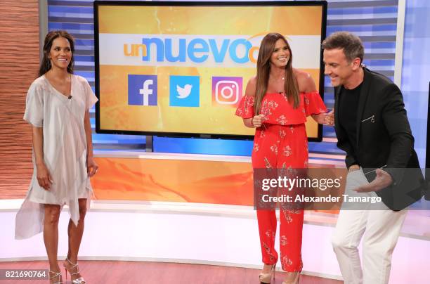 Halle Berry, Rashel Diaz and Carlos Ponce are seen at Telemundo Studios to promote the film 'Kidnap' on July 24, 2017 in Miami, Florida.