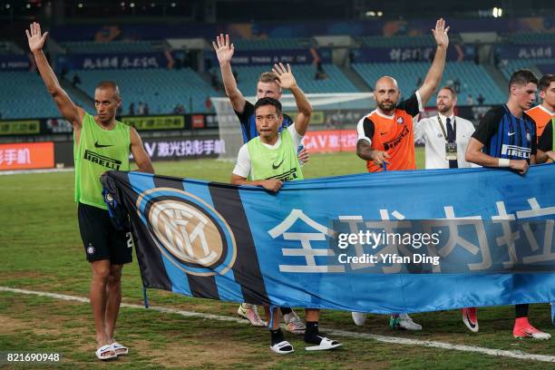 Yuto Nagatomo , Miranda and Tommaso Berni of FC Internationale greet fans after the 2017 International Champions Cup football match between FC...