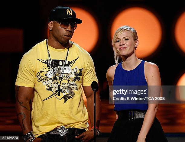 Rapper LL Cool J and Natasha Beddingfield present the Choice R&B Artist award onstage during the 2008 Teen Choice Awards at Gibson Amphitheater on...