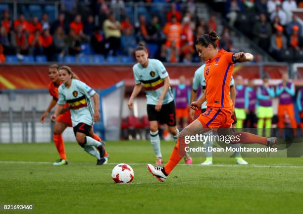 Sherida Spitseof Netherlands scores the opening goal by penalty kick during the Group A match between Belgium and Netherlands during the UEFA Women's...