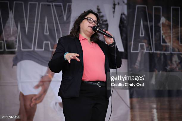 New York City Counsel member Rosie Mendez speaks during the KD Build It and They Will Ball court ceremony on July 24, 2017 in New York City.