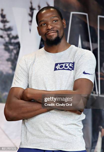 Professional basketball player Kevin Durant speaks to students during the KD Build It and They Will Ball court ceremony on July 24, 2017 in New York...