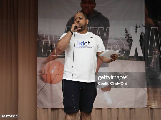 East Side Community School Dean Chris Osorio speaks during the KD Build It and They Will Ball court ceremony on July 24, 2017 in New York City.