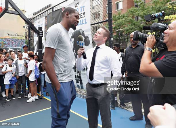 Professional basketball player Kevin Durant is interviewed during the KD Build It and They Will Ball court ceremony on July 24, 2017 in New York City.