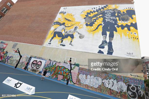View of a new mural during the KD Build It and They Will Ball court ceremony on July 24, 2017 in New York City.