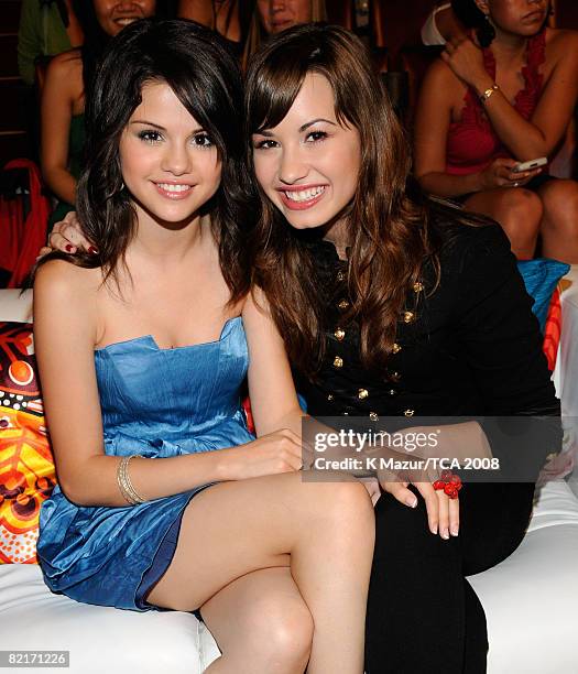Actress Selena Gomez and singer Demi Lovato during the 2008 Teen Choice Awards at Gibson Amphitheater on August 3, 2008 in Los Angeles, California.