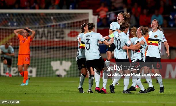 The team of Belgium celebrate the equalizing goal during the Group A match between Belgium and Netherlands during the UEFA Women's Euro 2017 at...