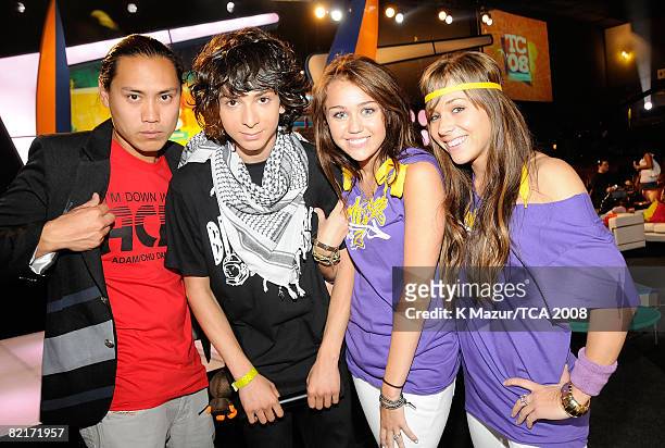Director John M. Chu, Adam Sevani, host Miley Cyrus and Mandy Jiroux during the 2008 Teen Choice Awards at Gibson Amphitheater on August 3, 2008 in...