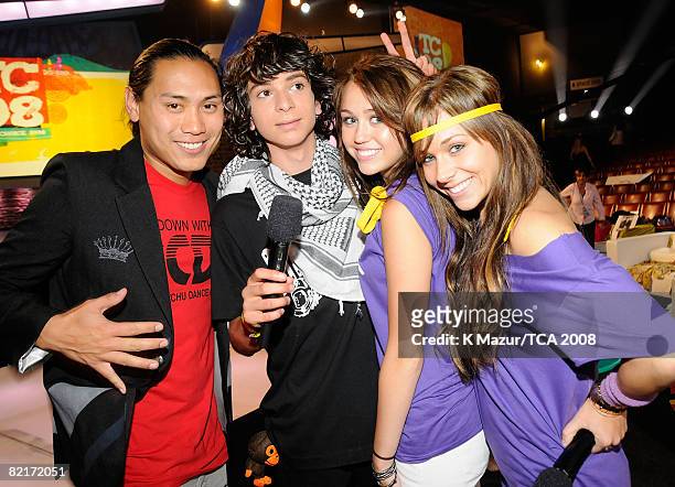 Director John M. Chu, Adam Sevani, host Miley Cyrus and Mandy Jiroux during the 2008 Teen Choice Awards at Gibson Amphitheater on August 3, 2008 in...