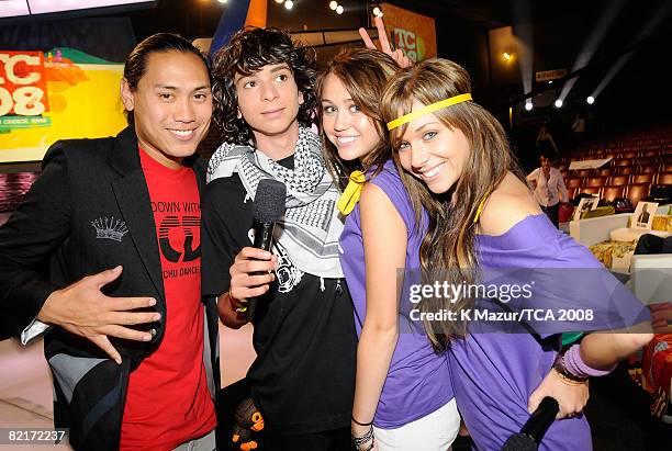 Director John M. Chu, Adam Sevani, host Miley Cyrus and Mandy Jiroux during the 2008 Teen Choice Awards at Gibson Amphitheater on August 3, 2008 in...