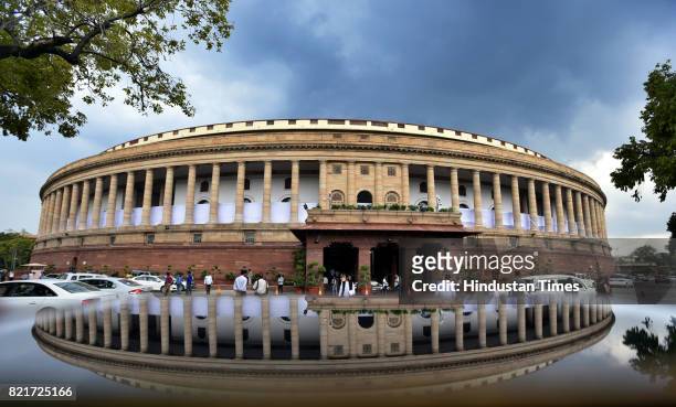 View of the Parliament building during the Monsoon Session on July 24, 2017 in New Delhi, India.