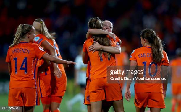 Lieke Martens of Netherlands celebrate with her team mates after she scores the 2nd goal during the Group A match between Belgium and Netherlands...