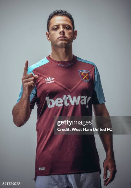 Javier Hernandez poses as he is unveiled as a West Ham United player on July 24, 2017 in London, England.