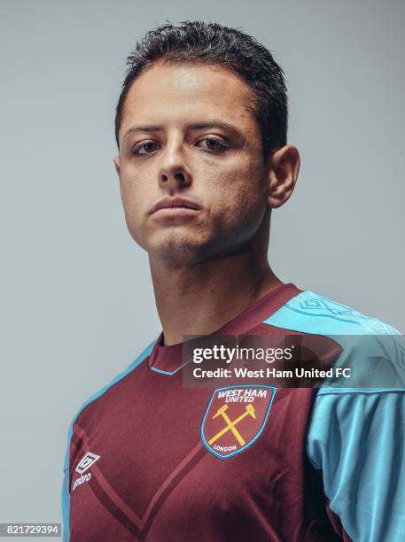 Javier Hernandez poses as he is unveiled as a West Ham United player on July 24, 2017 in London, England.