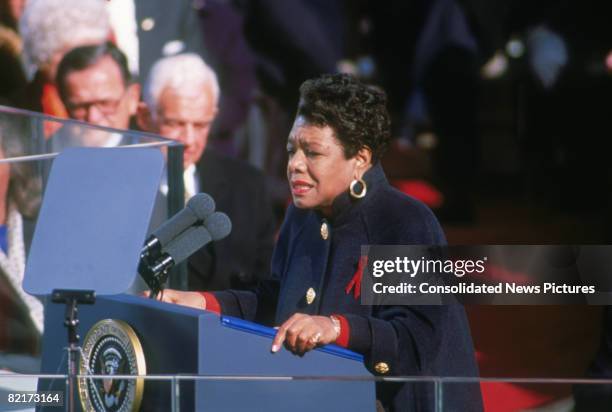 American poet Maya Angelou reciting her poem 'On the Pulse of Morning' at the inauguration of President Bill Clinton in Washington DC, 20th January...