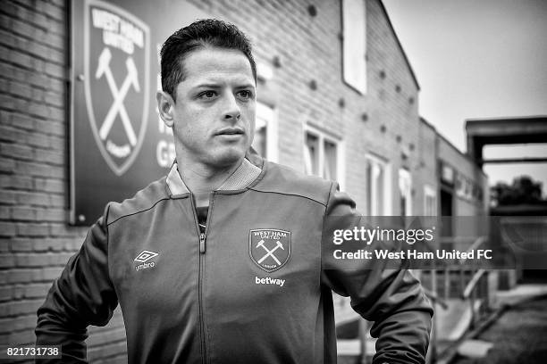 Javier Hernandez looks on as he is unveiled as a West Ham United player on July 24, 2017 in London, England.