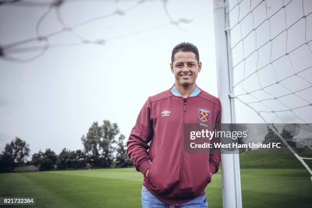 Javier Hernandez looks on as he is unveiled as a West Ham United player on July 24, 2017 in London, England.