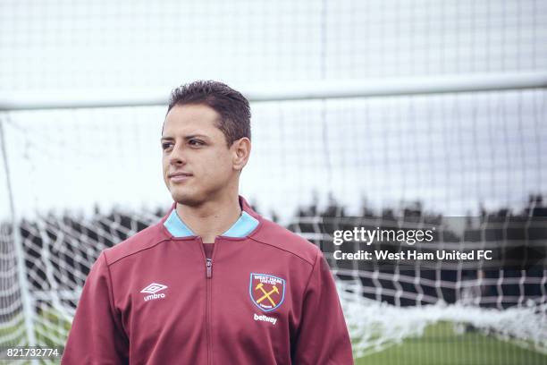 Javier Hernandez looks on as he is unveiled as a West Ham United player on July 24, 2017 in London, England.