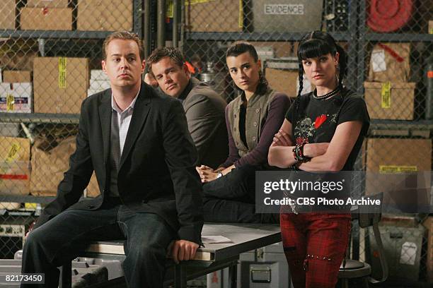 From left, American actors Sean Murray and Michael Weatherly , Chilean-born American actress Cote de Pablo , and American actress Pauley Perrette in...