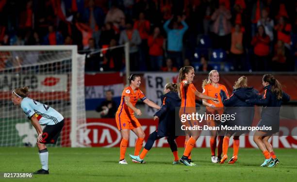 Lieke Martens of Netherlands celebrate with her team mates victory over Belgium after the Group A match between Belgium and Netherlands during the...