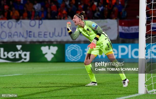 Netherlands' goalkeeper Sari van Veenendaal reacts during the UEFA Women's Euro 2017 football match between Belgium and the Netherlands at Stadium...
