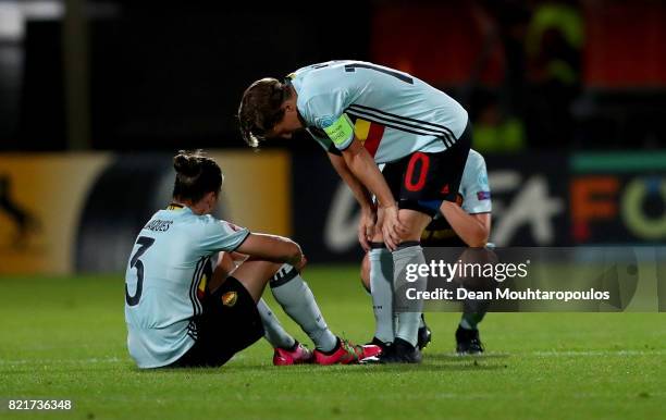 Davina Philtjens of Belgium and Aline Zeler look dejected after the Group A match between Belgium and Netherlands during the UEFA Women's Euro 2017...