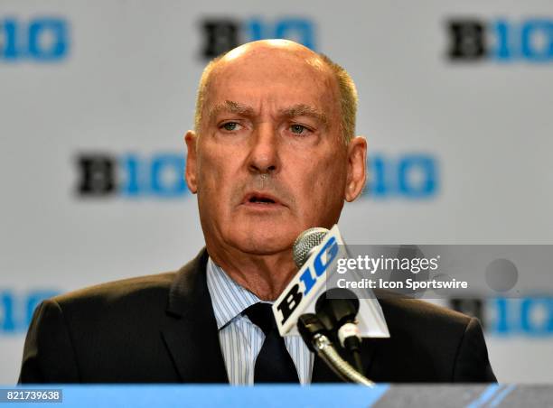 Big Ten Commissioner Jim Delany on the podium addressing the media during the Big Ten Media Days on July 24, 2017 at Hyatt Regency McCormick Place in...