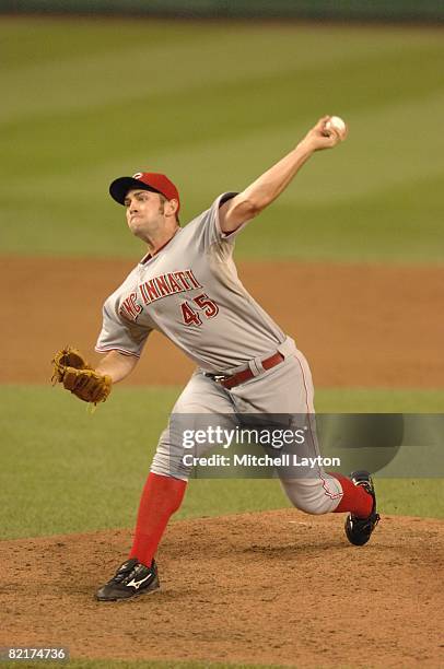 Bill Bray of the Cincinnati Reds pitches during a baseball game against the Washington Nationals on August 2, 2008 at Nationals Park in Washington...