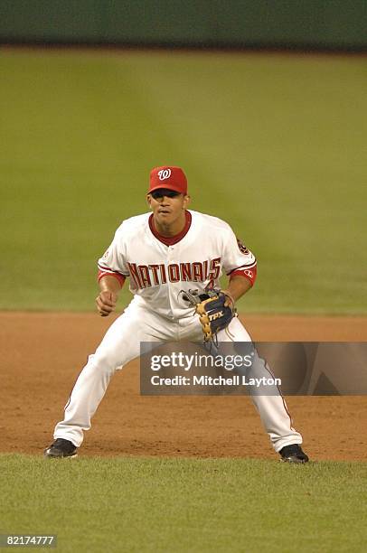 Alberto Gonzalez of the Washington Nationals prepares to field a ground ball during a baseball game against the Cincinnati Reds on August 2, 2008 at...