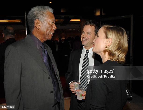 Morgan Freeman, Greg Kinnear and Radha Mitchell at the "Feast of Love" after party at The Academy of Motion Picture Arts and Sciences on September...