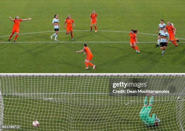 Sherida Spitse of Netherlands celebrate with her team mates after she scores the opening goal by penalty kick during the Group A match between...