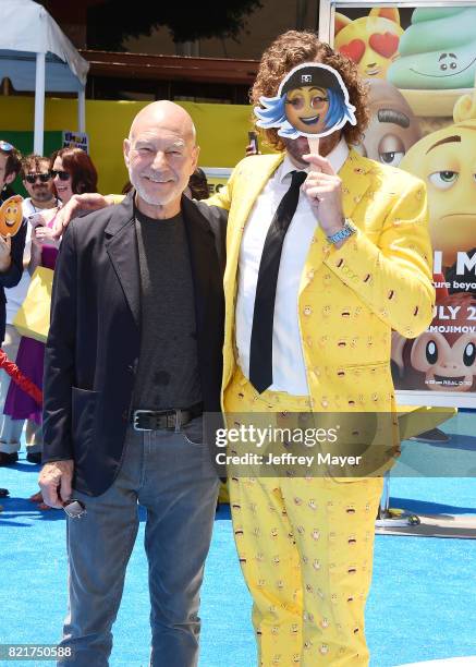 Actors Sir Patrick Stewart and T.J. Miller arrive at the Premiere Of Columbia Pictures And Sony Pictures Animation's 'The Emoji Movie' at Regency...