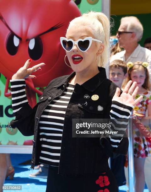 Singer/actress Christina Aguilera arrives at the Premiere Of Columbia Pictures And Sony Pictures Animation's 'The Emoji Movie' at Regency Village...