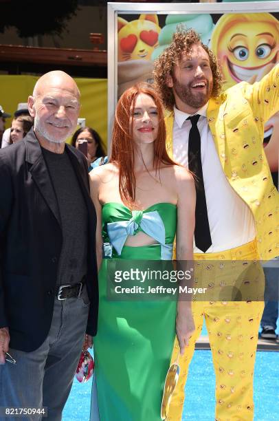 Actors Sir Patrick Stewart, Kate Gorney and T.J. Miller arrive at the Premiere Of Columbia Pictures And Sony Pictures Animation's 'The Emoji Movie'...