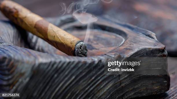 smoking cigar in wooden ashtray - cigar texture stock pictures, royalty-free photos & images