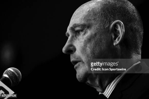 Big Ten Commissioner Jim Delany takes questions during the Big 10 Football Media Days on July 24, 2017 at Hyatt Regency McCormick Place in Chicago,...