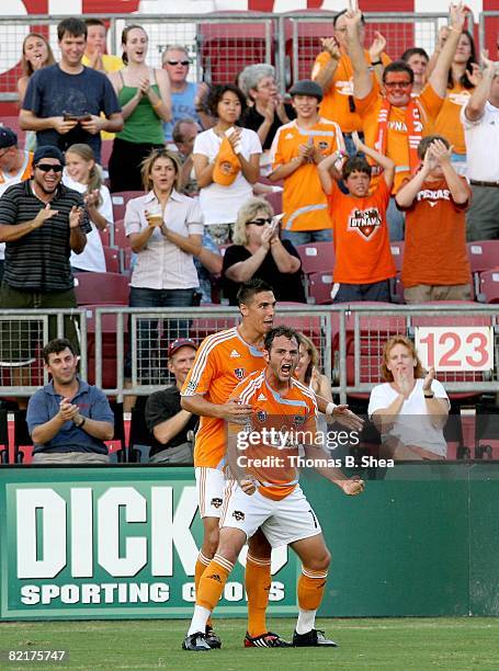 The Houston Dynamo celebrate Brad Davis of the Houston Dynamo goal against Columbus Crew during the MLS game on August 02, 2008 at Robertson Stadium...